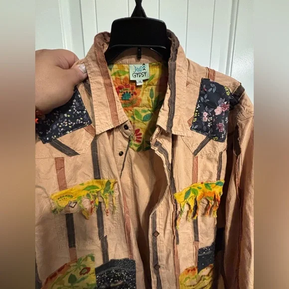 Jaded Gypsy Striped Button-Up Shirt with Colorful Patches/Boho-Urban Style,L/XL